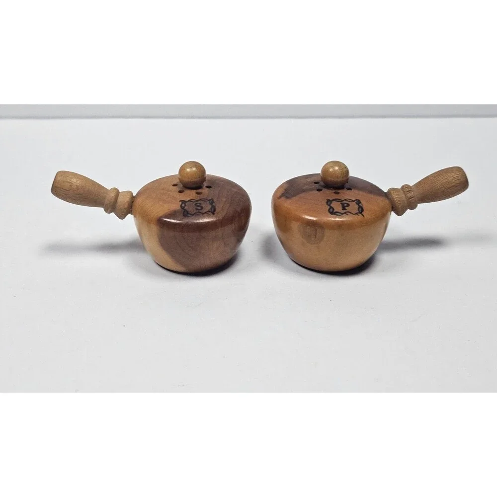Vintage Wood Pot Pan Salt Pepper Shakers